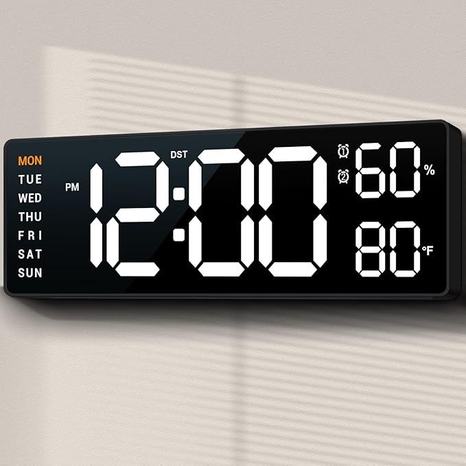 10" Digital Wall Clock: Dual Alarm Wall Mount Decor Clock for Living Room Classroom Office Desk, House Warming Gifts New Home Decor, Gift for Mom Dad Seniors Teen White