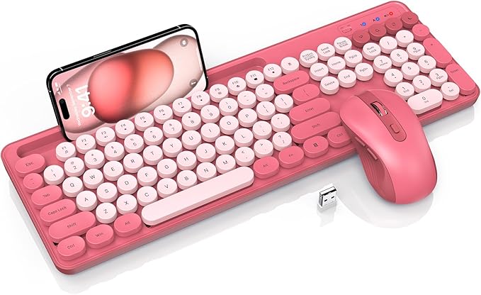 Wireless Keyboard and Mouse Combo, Retro Round Keycaps, Cute Full-Size Typewriter Keyboard with Phone Holder, Sleep Mode, Click Soft, 2.4GHz Cordless Connection for Windows/PC/Laptop (Pink-Colorful)