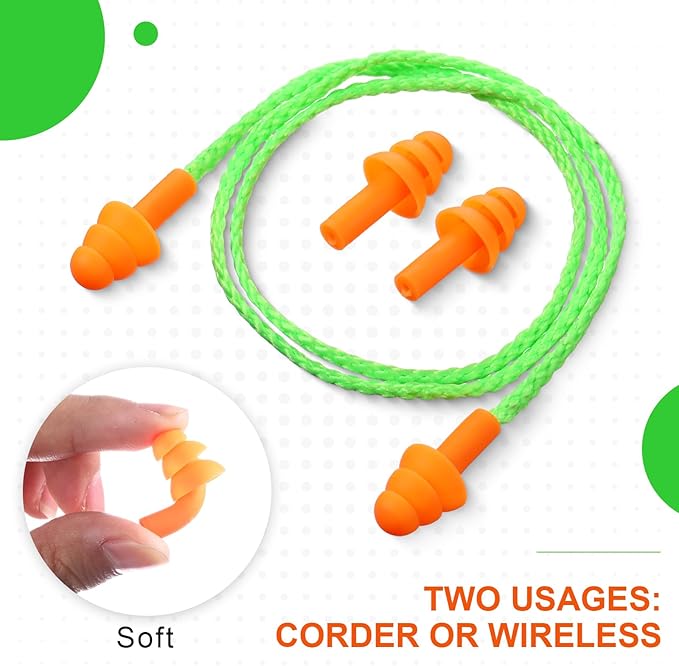 Tondiamo 200 Pairs Ear Plugs Reusable Silicone Earplugs with Cord Sleeping Individually Wrapped Hearing Protection Noise Cancelling Earplugs for Work Construction Shooting Sports(Orange, Green)
