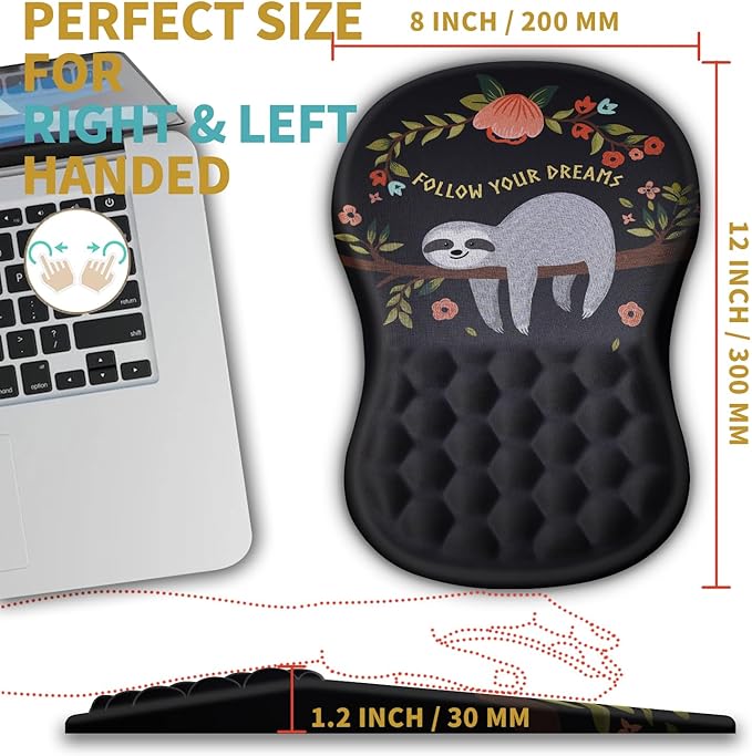 Hokafenle Ergonomic Mouse Pad Wrist Support with Massage Design, Wrist Rest Pain Relief Mousepad with Memory Foam&Non-Slip PU Base, Mouse Pads for Wireless Mouse & Desk (12x8 inch,Cute Sloth)