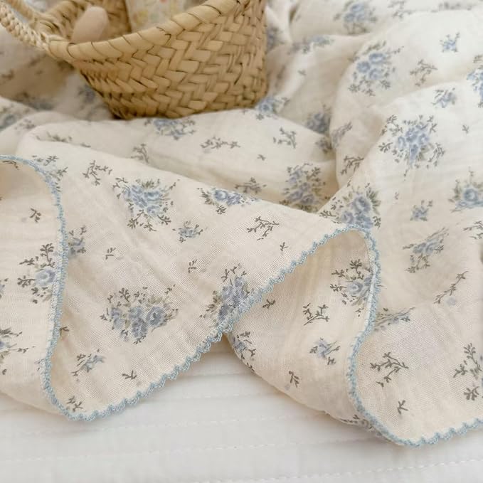 BuLuTu Blue Floral 100% Cotton Muslin Blanket Soft Lightweight Toddler Bed/Crib Quilt Shabby Chic Flower Theme Swaddle Blanket for Girls Boys Bedding Gift Room Decor, Fressia, 47"x51"