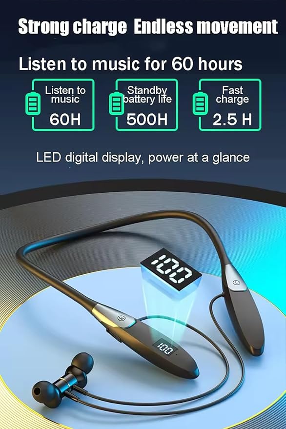 Neckband Bluetooth Headphones ，60H Music Time Wireless Stereo Neckband Earbuds with Bluetooth 5.3 LED Digital Display ENC Call Noise Cancellation Silicone Collar in Ear Headset for Sports/Workout