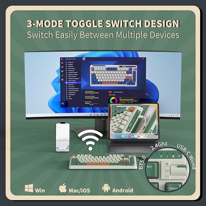 K75 PRO RGB 75% Wireless Gasket Mechanical Keyboard, Triple Mode BT 5.0/2.4G/USB-C 82 Keys Hot Swappable Gaming Keyboard w/Knob & Power Display, Custom Linear Switches, Green