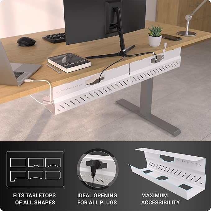 Under Desk Cable Management Tray no Drill – Wire Management - Cord Organizer – Huge Load Capacity – Under Desk Cable Tray no Drill (White, 2 Pieces Set)