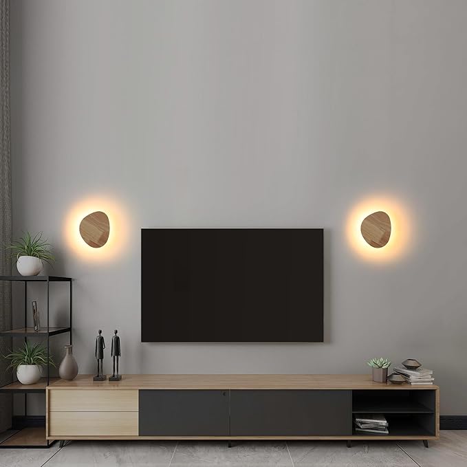 Modern Minimalist Plug in Wall Sconces, 7.9'' Plug-in Or Cordless Wood Backlight LED Wall Lamp, 8W, 700LM Warm White Brightness Wall Light Fixtures for Bedroom, Living Room Wall Décor