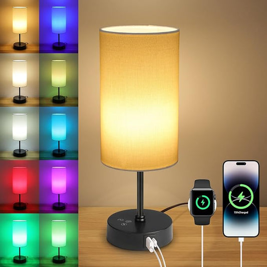 Ascher RGB Table Lamp Color Changing - 3 Color Temperatures and Stepless Dimmable Small Bedside Lamp for Bedroom, Touch Control Nightstand Light with White Shade for Reading Home Decor Lights