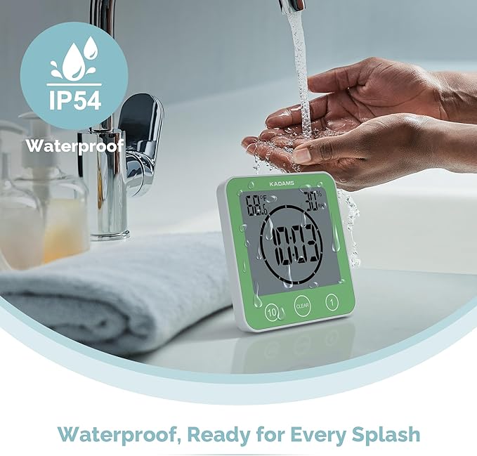 KADAMS Shower Clock Waterproof Bathroom Timer – Digital Wall Clock with Countdown, Magnetic Kitchen Clock with Temperature & Humidity, Suction Cup for Kids Shower Spa Sauna Cook Bath (Green)