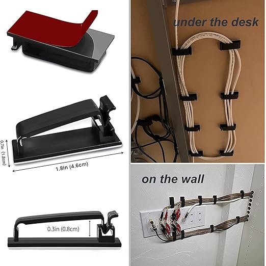 SOULWIT 50Pcs Self Adhesive Cable Management Clips, Cable Organizers Wire Clips Cord Holder for TV PC Ethernet Cable Under Desk Home Office (Black)