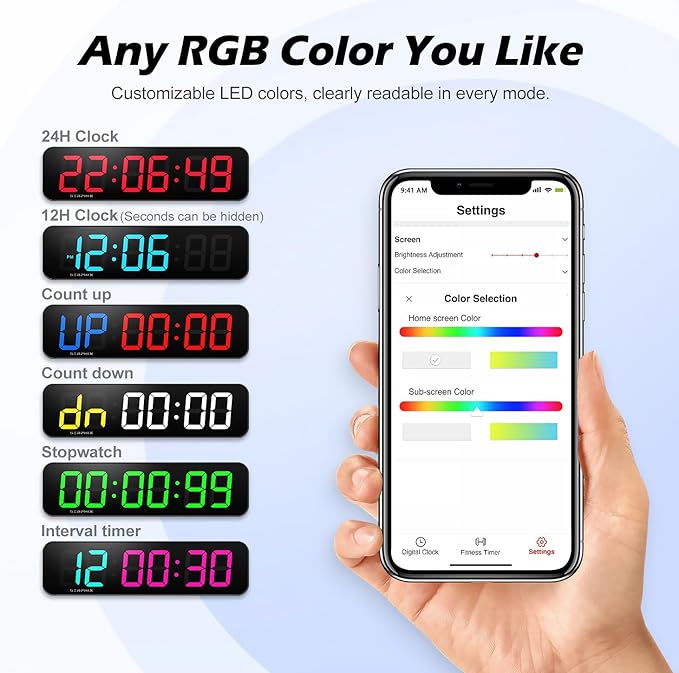 15.2" Large Digital Wall Clock, Customizable RGB Color, App and Remote Control, 6-Digit LED Clock with Seconds, Alarm, Countdown, Stopwatch, Timer Clock for Home Gym Living Room Office Garage Decor