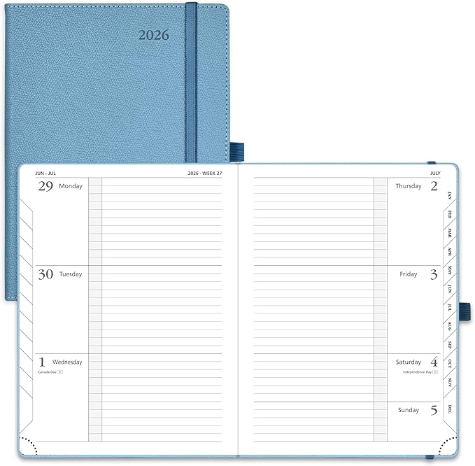 POPRUN 2026 Weekly Planner (Medium 6.75" x 8.75") 12 Months Calendar Notebook with Horizontal Layout, Leather Hardcover, Inner Pocket, 100GSM Thick Paper, Pen Holder - Aquamarine