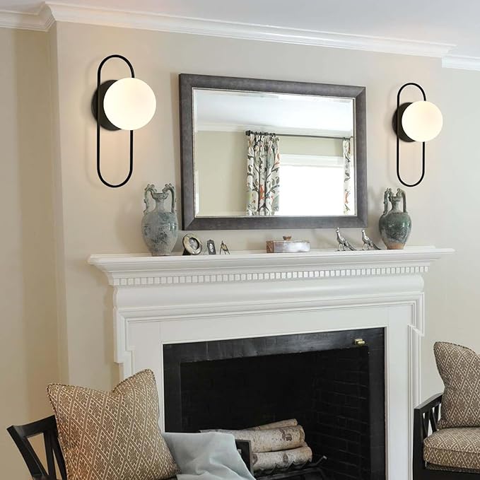 Black Glass Globe Wall Sconce Set of Two Frosted Globe Wall Light Mid Century Modern Wall Sconce Oval Wall Lamp for Bedroom Bedside Bathroom