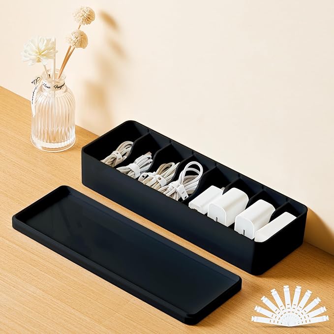 Tatuo 1 Pcs Cable Organizer Box with Wire Ties, Plastic Cord Storage Box with Lid, Electronics Organizer for Home Office Desk Organizers and Accessories (10.79'' X 3.78'' X 1.97'',Black)