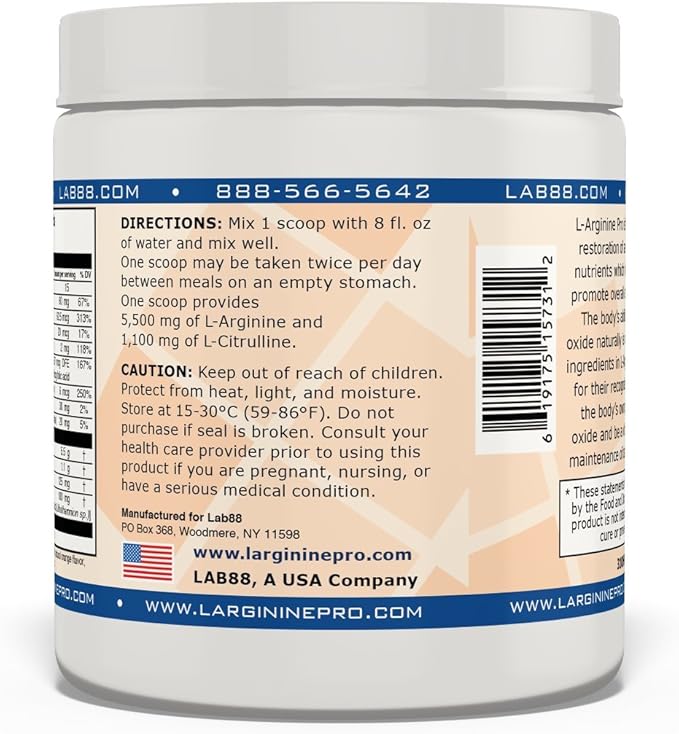 L-ARGININE PRO | 5,500mg L-Arginine Plus L-Citrulline 1,100mg Orange Powder Drink Mix Supplement for Increased Nitric Oxide Production