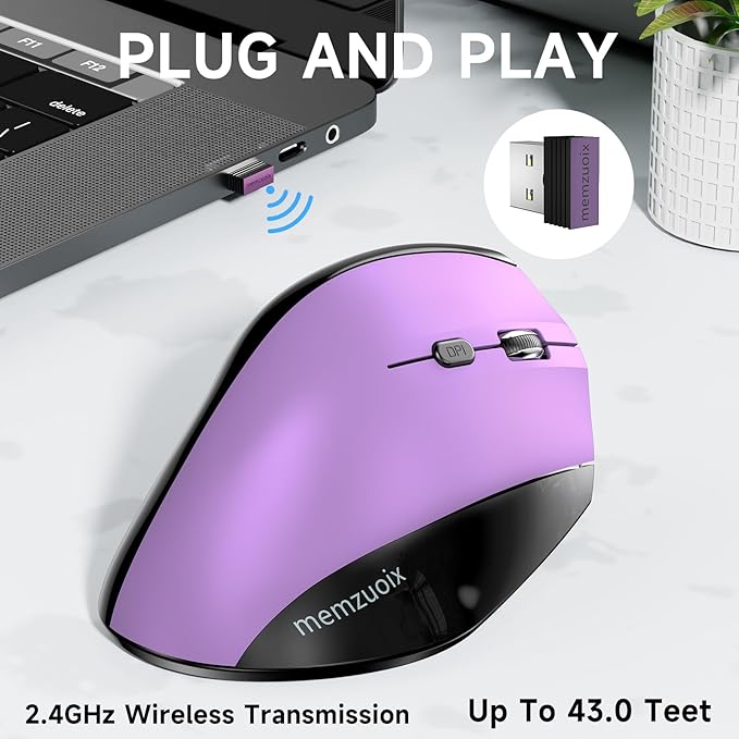 memzuoix Ergonomic Vertical Wireless Mouse - 2.4G Optical Cordless Mice with 3 DPI Levels (800/1200/1600) - Right-Handed Large Size Mouse for Laptop, Mac, PC, Desktop-Purple