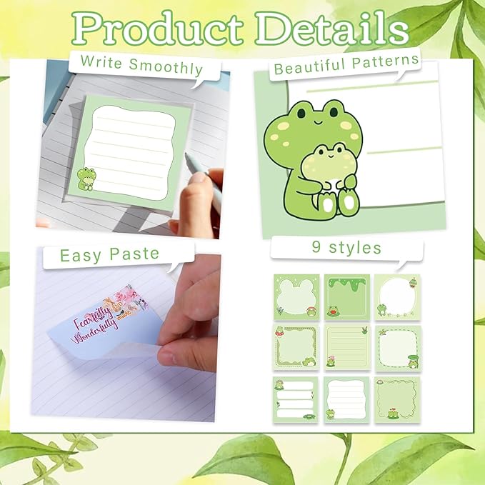 Frog Sticky Notes Gifts - 9 Pack Cute Frog Sticky Notes 3x3 Inch Cartoon Funny Self-Stick Notepads Novelty Animals Post Pads Gifts for Women Men School Office Supplies 450 Sheets