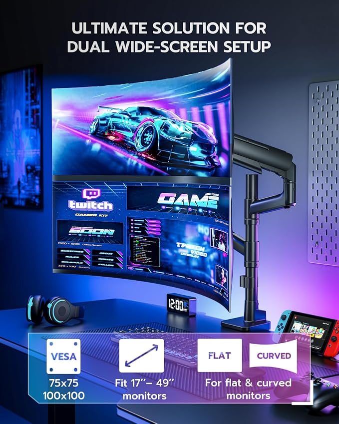 ARES WING Dual Monitor Mount for 17-49 Inch Ultrawide Heavy Duty Curved Screen, Computer Monitor Arm Desk Mount, Gas Spring Adjustable Vesa Stand, Black