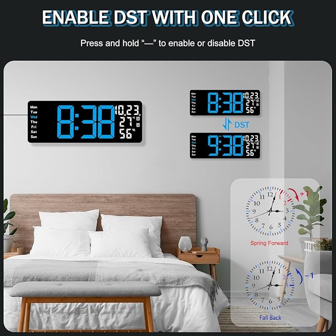 JoFomp 17.3" Large Digital Wall Clock, LED Digital Clock Large Display with Remote Control, Alarm Clock with Temp/DST/Dimmer/Humidity/Timer/Ambient Light - 12/24H, Alarm Wall Clock for Bedroom