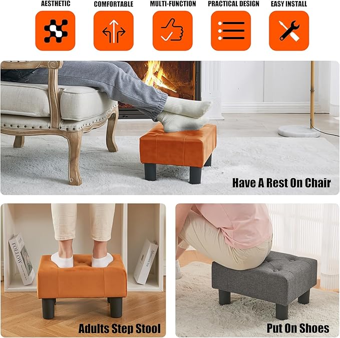 BRIAN & DANY Small Foot Stool, Leather Foot Stools with Legs, Stable Small Footstool for Living Room, Light Brown