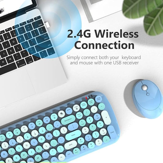 Wireless Keyboard and Mouse Combo, MOWUX - Modern Compact Layout, Colorful Compact Candy Mouse and Retro Round Keyboard Set with Cover, for PC/Laptop/Windows/Mac - Blue Colorful
