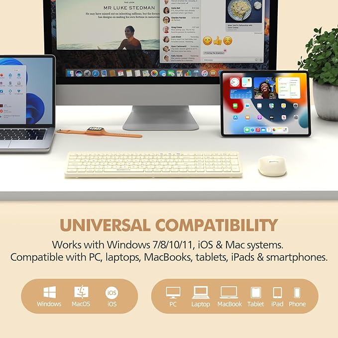 Wireless Keyboard and Mouse Combo for Desktop Mac iPad Bluetooth 2.4 Ghz Rechargeable Ultra Silent Click with Number Pad Compatible with Pc, Laptop, Tablet (Cream)