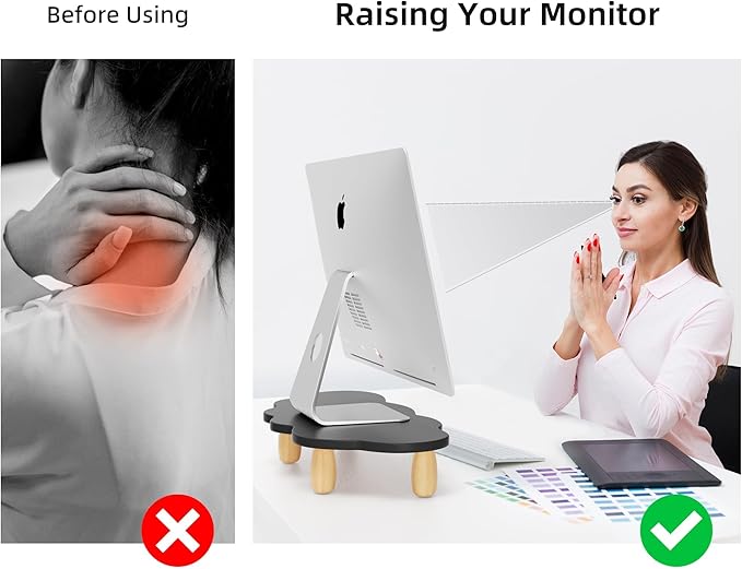 Cloud-Shaped Sturdy Wood Monitor Stand Riser, Multi-Purpose Desktop Organizer for Computer, Laptop, Printer, TV - Black