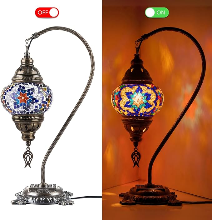 Kafthan Turkish Moroccan Mosaic Lamp – Handmade Glass Swan Neck Bedside Lamp with Antique Brass Base, Ideal Decor for Bedroom, Office, Living Room – Bulb Included (Red & Navy Center Star)