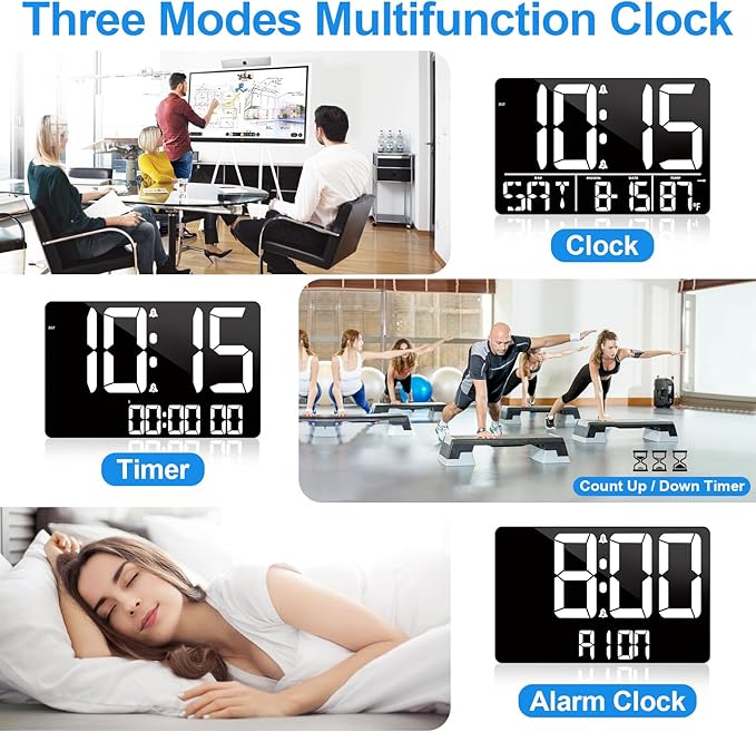 13" Digital Wall Clock Large Display with Remote, 25 Ringtones, Temperature, Calendar, 0-100% Auto or Custom Brightness, 12/24H, DST, Timer, for Living Room, Kitchen, Bedroom, Office, Elderly