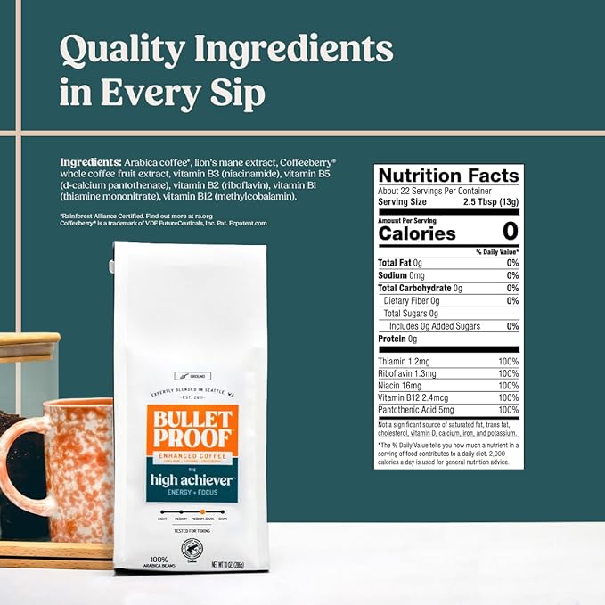 Bulletproof The High Achiever Ground Mushroom Coffee, 10oz, High Caffeine with Lion's Mane, B Vitamins and Adaptogens for Energy & Focus, Medium-Dark Roast