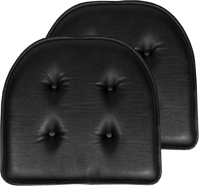 Sweet Home Collection Chair Cushion Memory Foam Pads Tufted Slip Non Skid Rubber Back U-Shaped 17" x 16" Seat Cover, 2 Count (Pack of 1), Faux Leather Black