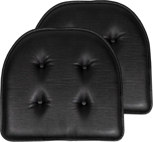 Sweet Home Collection Chair Cushion Memory Foam Pads Tufted Slip Non Skid Rubber Back U-Shaped 17" x 16" Seat Cover, 2 Count (Pack of 1), Faux Leather Black
