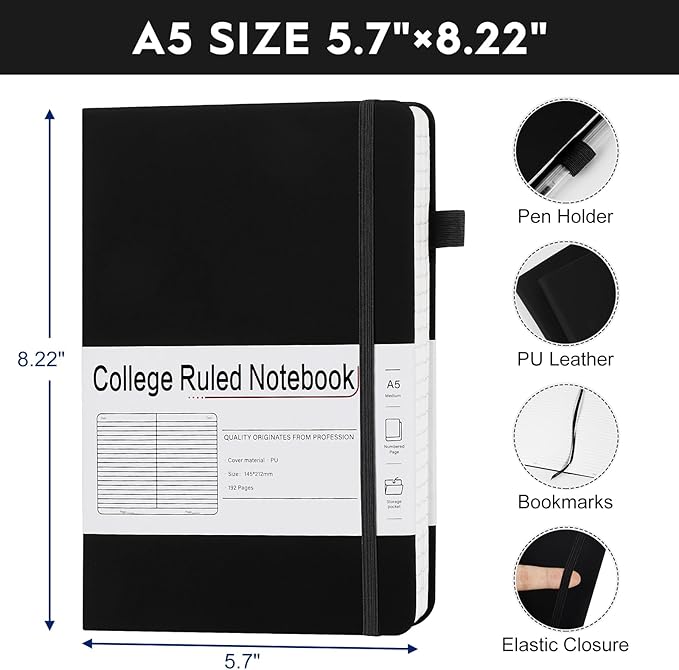 A5 Lined Journal Notebooks for Work, 192 Pages, Medium 5.7 x 8.3inch, College Ruled, Vegan Leather Hardcover Journals for Women Men,8 Pack