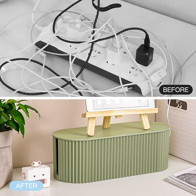 FABROK Cable Management Box, Cord Organizer Box with 10 Cable Ties, Power Strip Storage to Hide Charger Adapter Power Cord Charging Station(Small/Green)