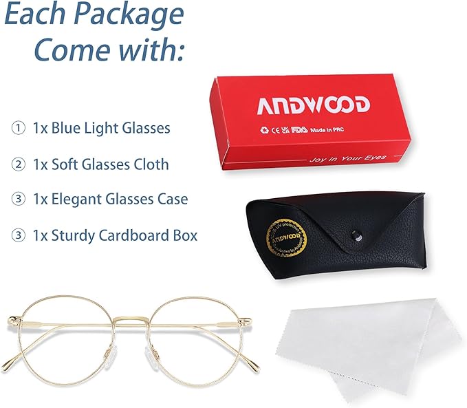 ANDWOOD Blue Light Blocking Glasses Women Men Small Face Computer Clear Bluelight Blocker Super Lightweight Metal Frame Round
