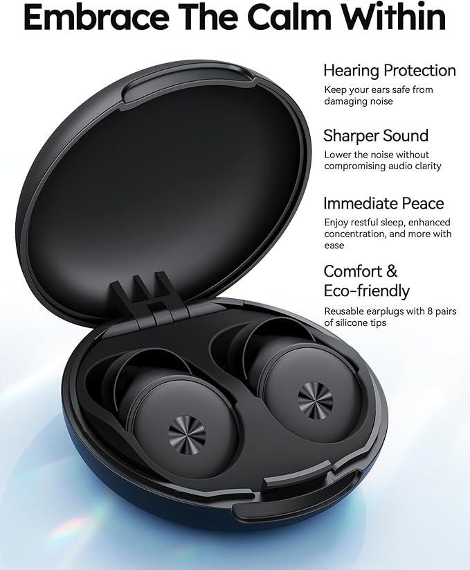 45dB Ear Plugs for Sleeping 0.1oz Ultra-Comfy Noise Cancelling Ear Plugs for Concerts, Deep Focus, Travel, Noise Reduction Ear Plug with 8 Ear Tips Reusable Earplugs with Carry Case Black