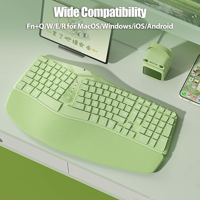Bow Split Ergonomic Keyboard Wireless with Cushioned Wrist & Palm Rest, Wireless 2.4G/Bluetooth/Wired USB-C, Comfortable Natural Typing, Compatible with Windows/Mac/PC/Laptop, Matcha Green