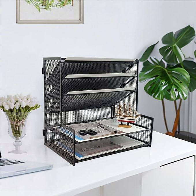 SETTFRFE Office Supplies Desk Organizer,Metal Desktop File Holder Organizer with 5 Tier Paper Tray,Black