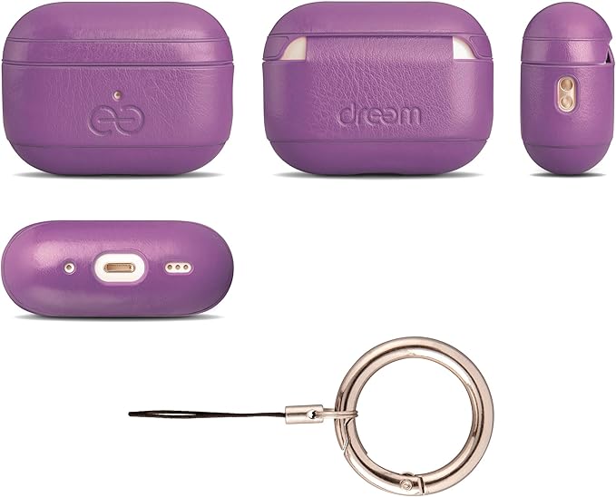 Dreem Om Case Cover with Keychain Clip Compatible with AirPods Pro 2/Pro, Protective One-Piece Hard Shell, Luxury Vegan Leather AirPod Pro Case 2nd/1st Generation with Separate Clip [Purple]