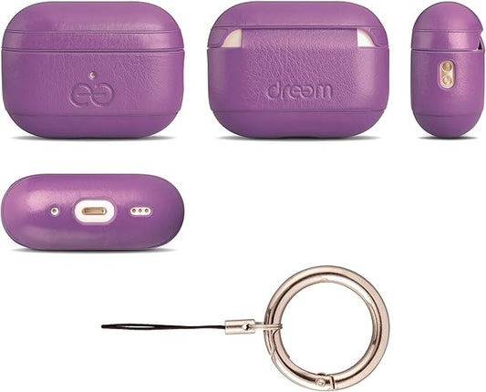 Dreem Om Case Cover with Keychain Clip Compatible with AirPods Pro 2/Pro, Protective One-Piece Hard Shell, Luxury Vegan Leather AirPod Pro Case 2nd/1st Generation with Separate Clip [Purple]