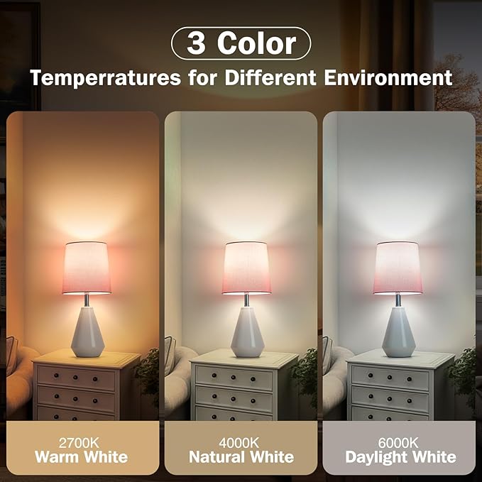 Small Bedside Table Lamp for Bedroom - Reading Desk Lamp with 3 Color Temperatures，15.5" Nightstand Ceramic Lamp with Fabric Shade for Kids Room,Living Room,Dorm,Home Office (White+Pink)