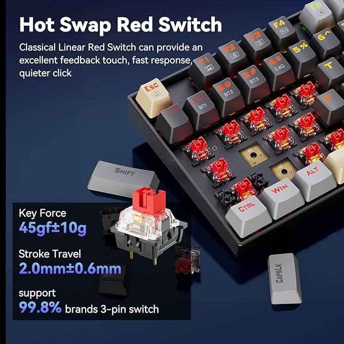 Redragon Wireless Gaming Keyboard, BT/2.4Ghz Tri-Mode Mechanical Keyboard with Aluminum Pannel, Hot-Swap Red Switch, Programmable 87 Keys TKL, LED Rainbow Backlit - K552LGY-KRS (Eclipse Gilded)