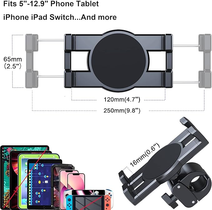 Timewall Tablet Phone Mount with Clamp, Universal iPad iPhone Holder Stand for Spin Bike, Stationary Exercise Bicycle, Treadmill, Elliptical, Mic Stand, Boat, Handlebar, Fits 5-12.9" Tab Phone