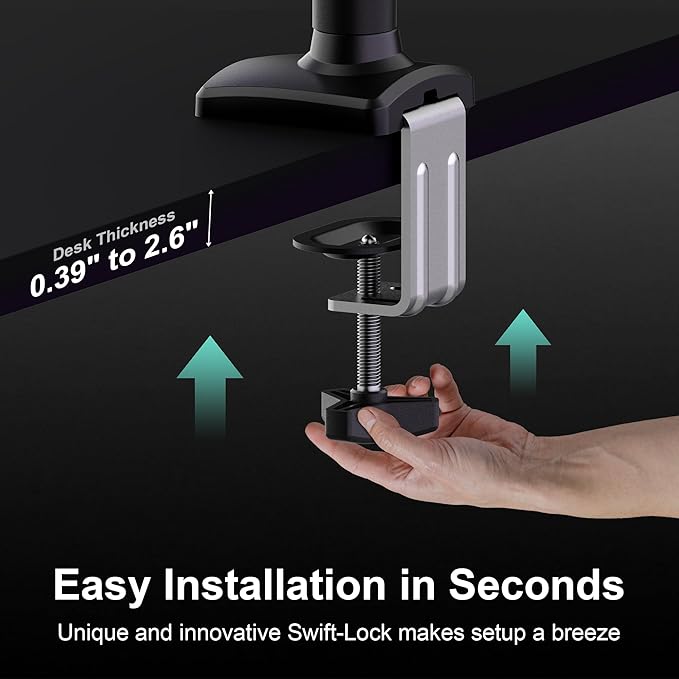 Dual Monitor Desk Mount for 13-32" Computer Screen,Adjustable Gas Spring Monitor Arm,Each Arm Holds 4.4 to 22 lbs,Swivel/Tilt/Rotation,VESA 75X75mm 100X100mm,C Clamp & Grommet Mounting Base