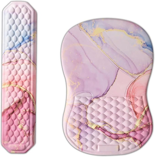 Ergonomic Mouse Pad Wrist Support and Keyboard Wrist Rest, Computer Carpal Tunnel Mouse Pads for Desk with Coaster Set, Memory Foam Mousepad with Non-Slip PU Base for Home Office (Marble Pink)