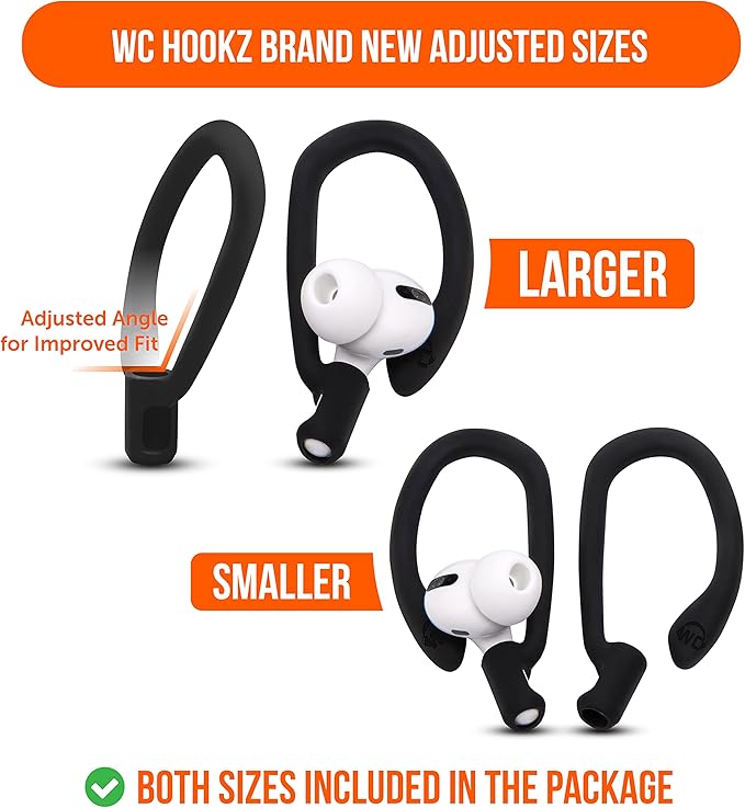 WC HookZ - Patented Upgraded Over Ear Hooks for AirPods Pro 1, 2 & AirPods 1, 2 & 3- Two Size Pairs Included in Package, Unique Left & Right Hook, Made by Wicked Cushions | Pitch Black