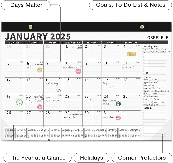 Ospelelf Magnetic Calendar 2025-2026 for Refrigerator, Desk Wall Calendar, January 2025 to June 2026, Monthly Large Planner Pad with Plastic Cover 17" X 12" Black