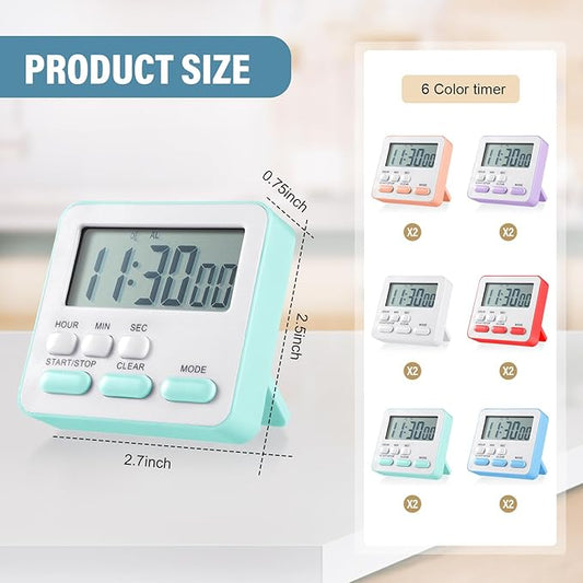 Weewooday 12 Pcs Digital Kitchen Magnetic Timer Bulk Classroom Count up Countdown Large Digits Egg Loud Alarm Cute Desk Stopwatch Timer for Teacher Kids Cooking Office
