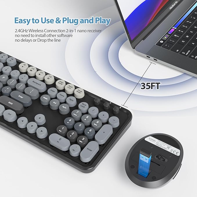 Fogruaden Black Keyboard and Mouse Wireless, Retro Typewriter Keyboard, 2.4GHz 104 Keys Full Size Cute Keyboard with Number Pad, Gradient Colorful Round Keycaps for Windows PC Desktops Laptop