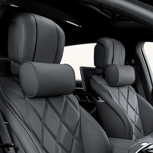 Car Headrest Pillow for Driving - Luxury Leather 100% Memory Foam, Ergonomic Neck Support - Universal Fit Head Rest Travel Pillow for Most Cars, Home & Office, Black, 2 Pack