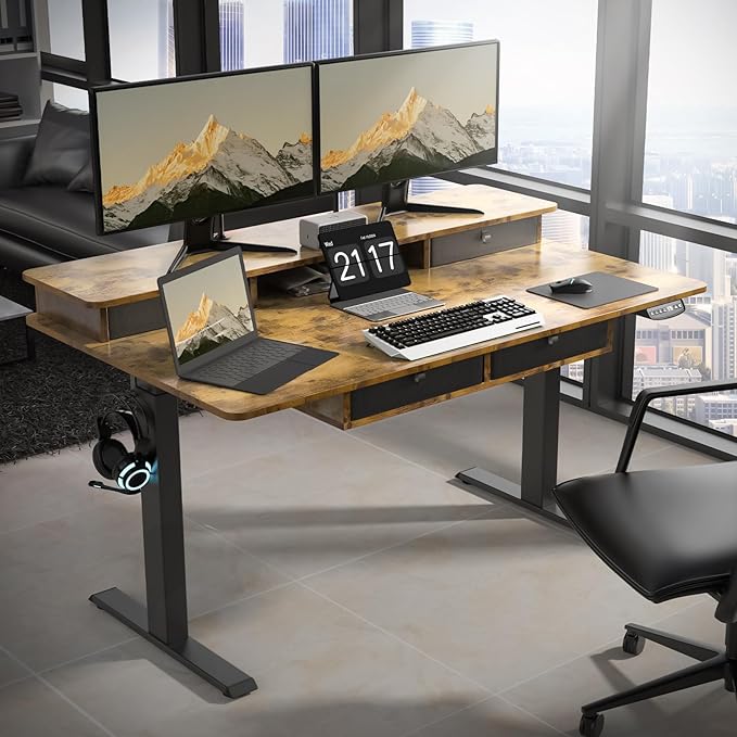 55 * 30 Inches Electric Standing Widened Desk Adjustable Height with 4 Drawers, Double Storage Shelves Stand Up Desk, Home Office Workstation Sit Stand up Desk (Rustic Brown)