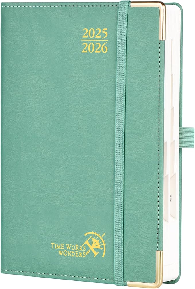 POPRUN Daily Planner 2025-2026 One Page per Day, (A5 Size 5.75" x 8.5") Academic Calendar (July25- June26) Hourly Appointment Book with Vegan Leather Hardcover, Monthly Tabs & Pocket - Midnight Green
